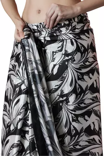 pre draped black chinnon digital print & lace border saree