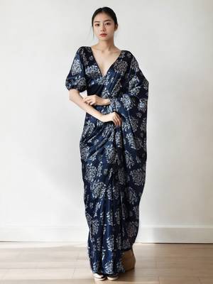 ready made navy blue chinnon digital print & lace border saree 1