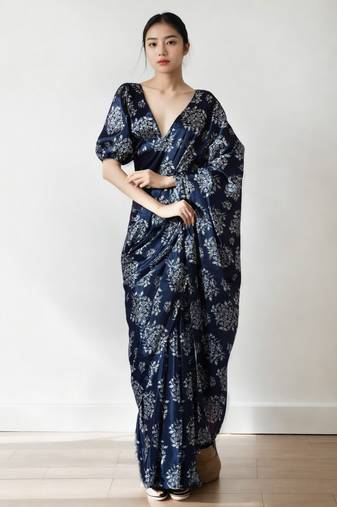 Navy blue chinnon digital print & lace border ready to wear saree