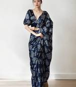 ready to wear navy blue chinnon digital print & lace border saree