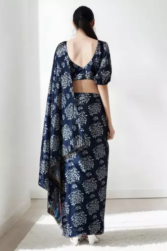 ready made navy blue chinnon digital print & lace border saree