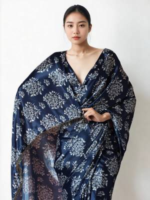 ready made navy blue chinnon digital print & lace border saree 3