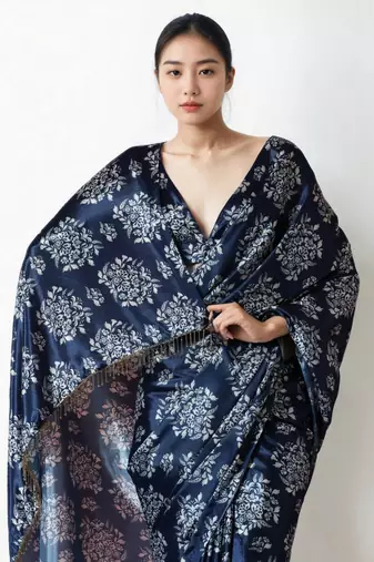 ready made navy blue chinnon digital print & lace border saree