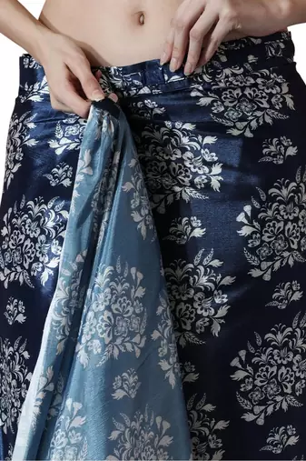 ready made navy blue chinnon digital print & lace border saree