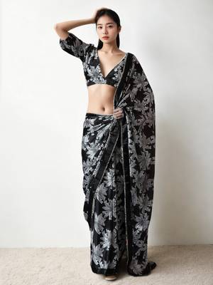 pre-stitched black chinnon digital print & lace border saree 1