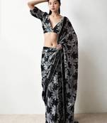 ready to wear black chinnon digital print & lace border saree