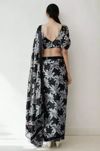 pre-stitched black chinnon digital print & lace border saree