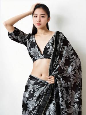 pre-stitched black chinnon digital print & lace border saree 3