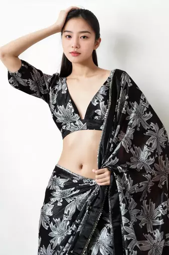 pre-stitched black chinnon digital print & lace border saree