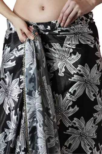 pre-stitched black chinnon digital print & lace border saree