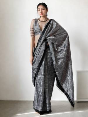 ready to wear black chinnon digital print & lace border saree 1