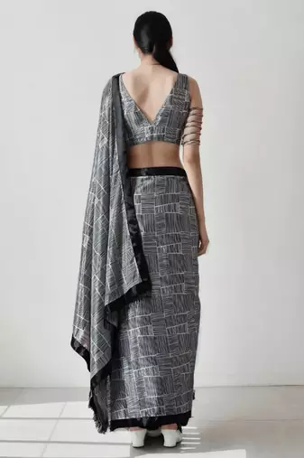 ready to wear black chinnon digital print & lace border saree