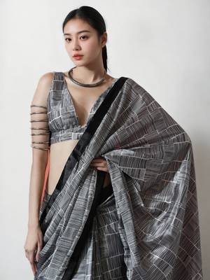 ready to wear black chinnon digital print & lace border saree 3