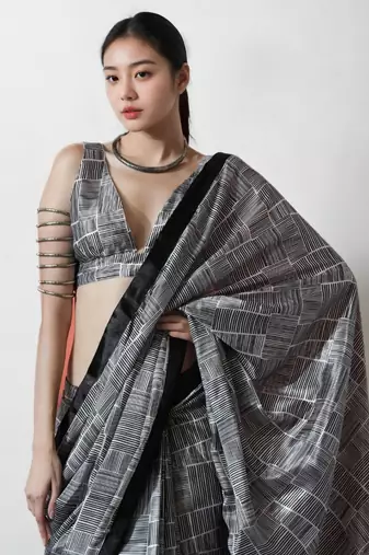 ready to wear black chinnon digital print & lace border saree