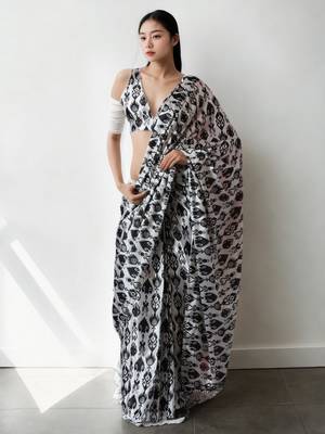 pre draped grey chinnon digital print & lace border saree 1