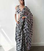 ready to wear grey chinnon digital print & lace border saree