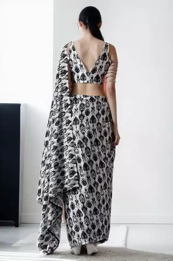 pre draped grey chinnon digital print & lace border saree