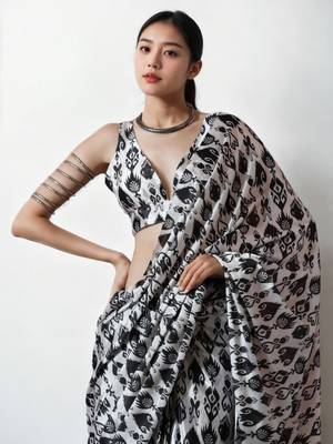 pre draped grey chinnon digital print & lace border saree 3
