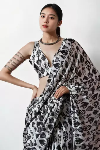 pre draped grey chinnon digital print & lace border saree