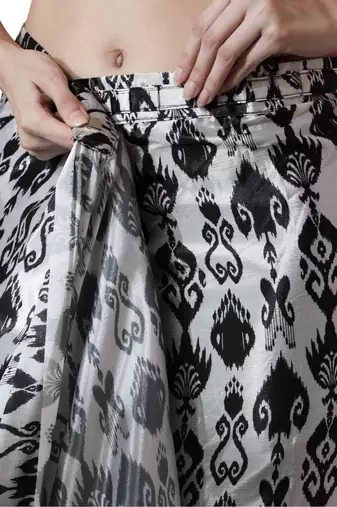 pre draped grey chinnon digital print & lace border saree