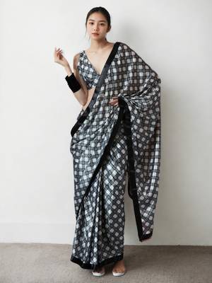 ready made black chinnon digital print & lace border saree 1