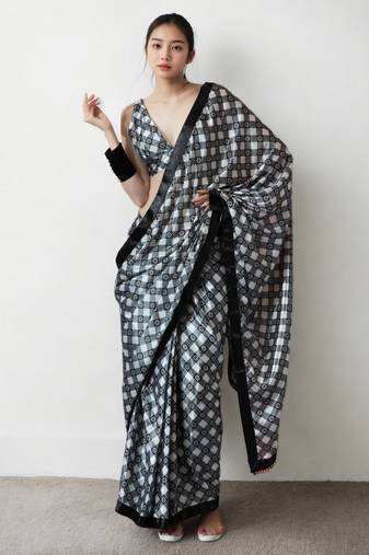 Black chinnon digital print & lace border ready to wear saree