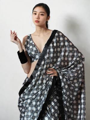 ready made black chinnon digital print & lace border saree 3