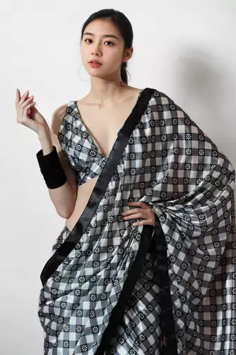 ready made black chinnon digital print & lace border saree
