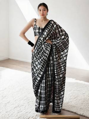 pre-stitched black chinnon digital print & lace border saree 1