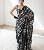 ready to wear black chinnon digital print & lace border saree