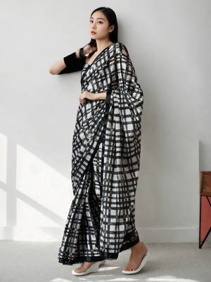 pre-stitched black chinnon digital print & lace border saree 2