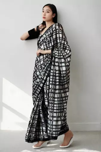 pre-stitched black chinnon digital print & lace border saree