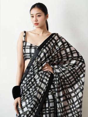 pre-stitched black chinnon digital print & lace border saree 3