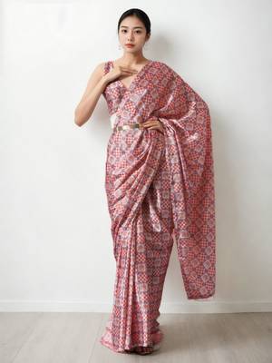 pre draped multi chinnon digital print & lace border saree 1