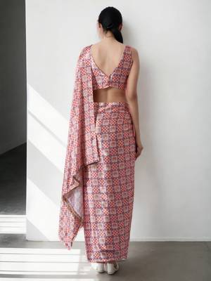 pre draped multi chinnon digital print & lace border saree 2