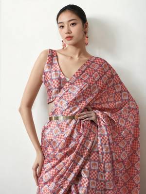 pre draped multi chinnon digital print & lace border saree 3