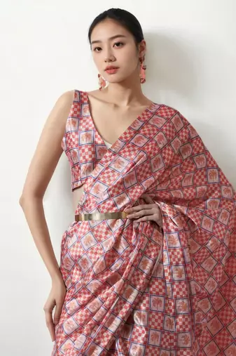 pre draped multi chinnon digital print & lace border saree