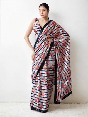 ready made cream chinnon digital print & lace border saree 1