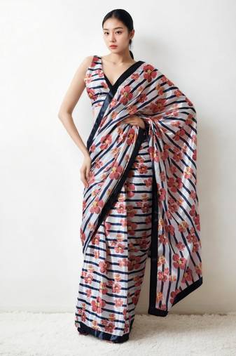 Cream chinnon digital print & lace border ready to wear saree