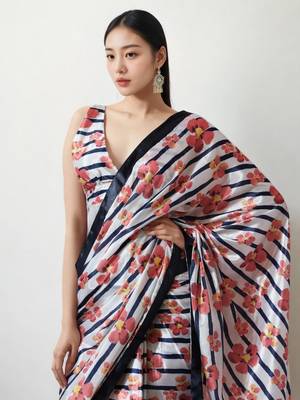 ready made cream chinnon digital print & lace border saree 3