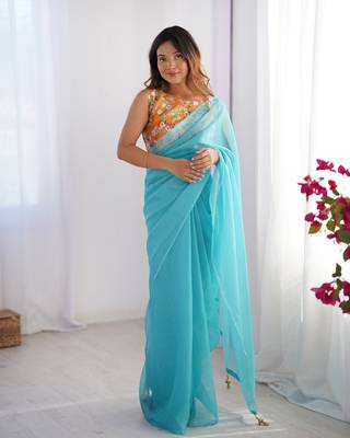 Sky blue burberry printed blouse partywear saree 1