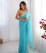 Sky blue burberry printed blouse partywear saree