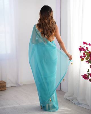 Sky blue burberry printed blouse partywear saree 3