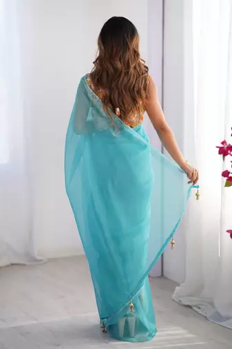Sky blue burberry printed blouse partywear saree