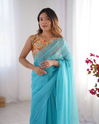 Sky blue burberry printed blouse partywear saree 4