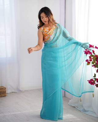 Sky blue burberry printed blouse partywear saree 5