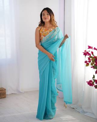 Sky blue burberry printed blouse partywear saree 6