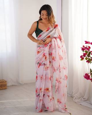 Off white organza printed partywear saree 1
