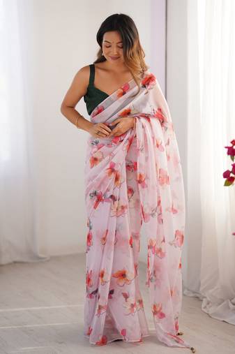 Off white organza designer printed partywear saree