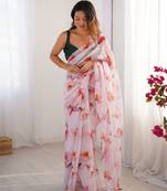 Off white organza printed partywear saree